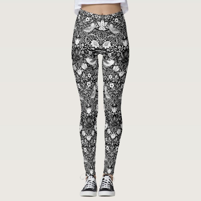 Leggings Tapisserie Art Nouveau Oiseau & Fleur, Noir & Blan (Devant)