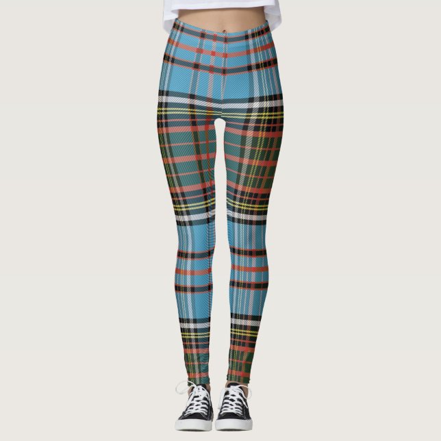 Leggings Tartan Plaid Clan Anderson Motif Turquoise Brown (Devant)