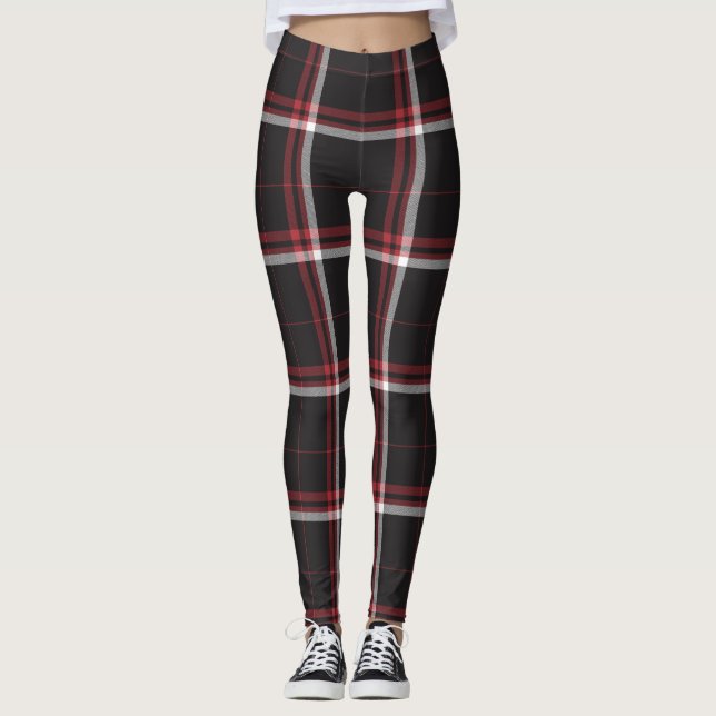 Leggings Tartan Plaid Motif rouge noir blanc rayé (Devant)