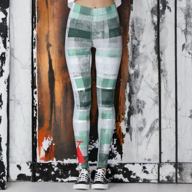 Leggings Tartan vert blanc monogrammé rouge festif  (Créateur téléchargé)