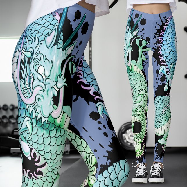 Leggings Tatouage de dragon bleu et vert éclaboussé de bleu (Créateur téléchargé)