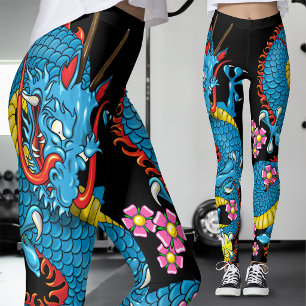 Leggings Tatouage de dragon en fleurs de cerisier bleu en n