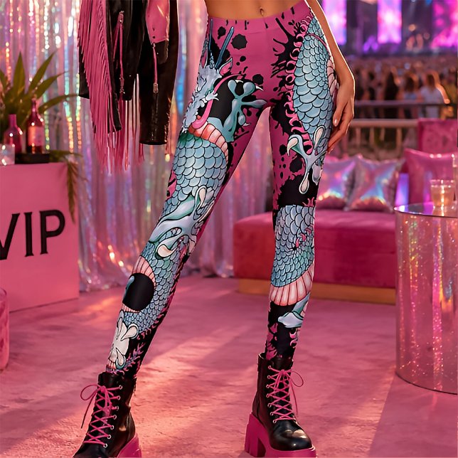 Leggings Tatouage de dragon Peach Melba Splash sur rose (Créateur téléchargé)