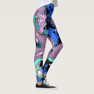 Leggings Tatouage de dragon Purple Splash sur fond bleu éle