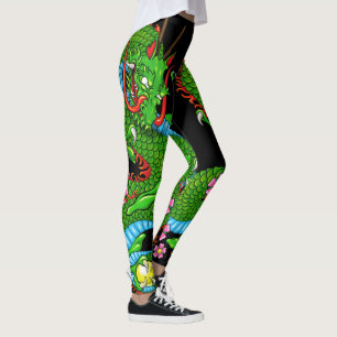 Leggings Tatouage de dragon vert avec fleurs de cerisiers