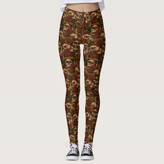 Leggings Tatouage Old School Roses Armes Crânes  (Devant)