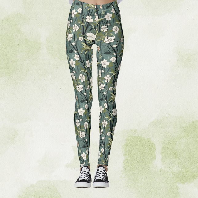 Leggings Teal Green Chinoiserie Tropical White Gold Floral (Créateur téléchargé)