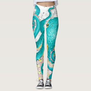 Leggings Teal Octopus Nautical Map Watercolor