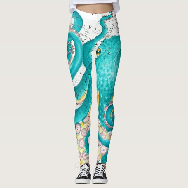 Leggings Teal Octopus Nautical Map Watercolor (Devant)