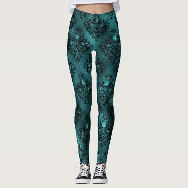 Leggings Teal ombre Glam Glitter Damask (Devant)
