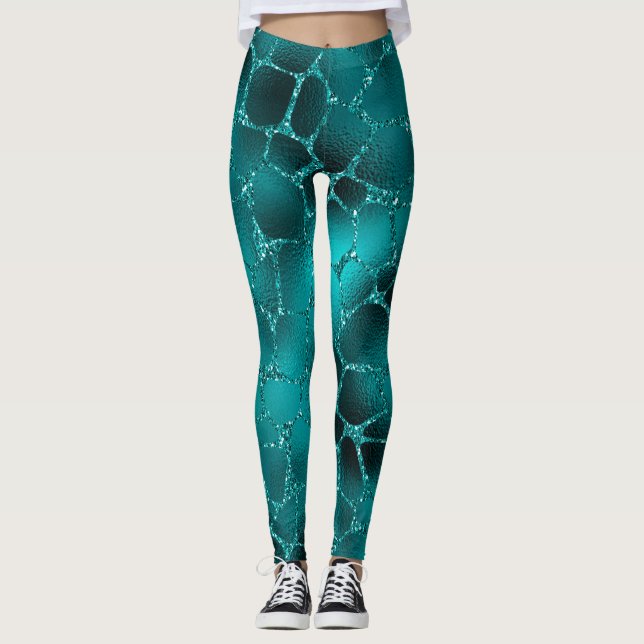 Leggings Teal ombre Glam Glitter Giraffe Spots (Devant)