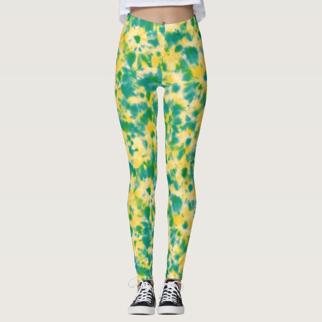 Leggings Teinture Abstraite à l'aquarelle verte et jaune (Devant)