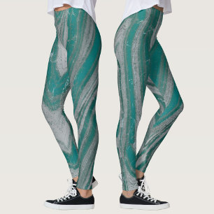Leggings Tendance chic à motif ondulé naturel gris et cyan