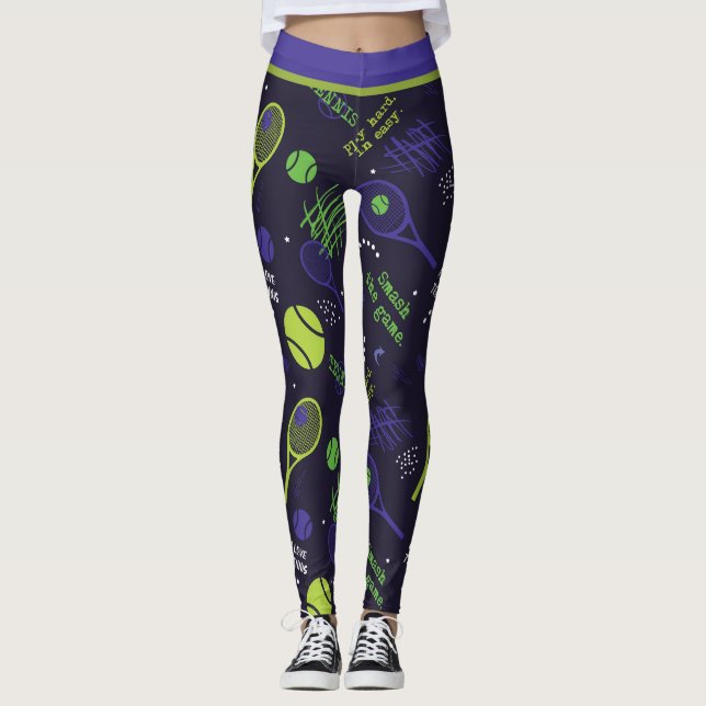 Leggings 💚 tennis vert et 💜 violet motif sombre (Devant)
