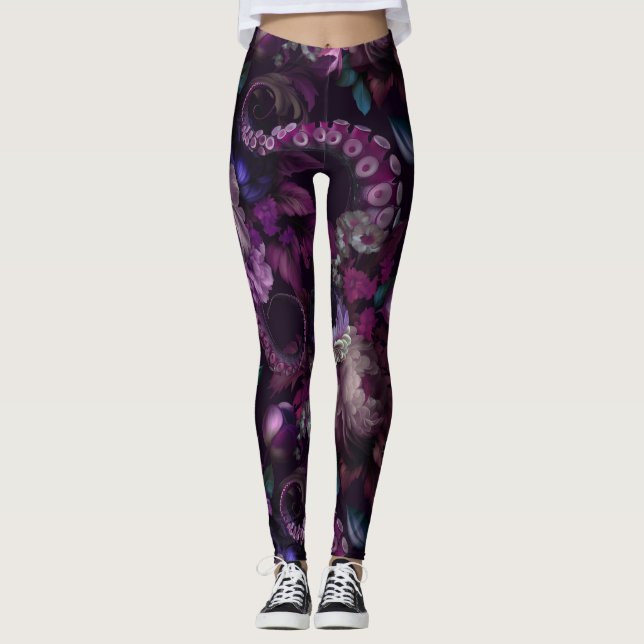Leggings Tentacle Gothique Rose Foncé Avec Fleurs (Devant)