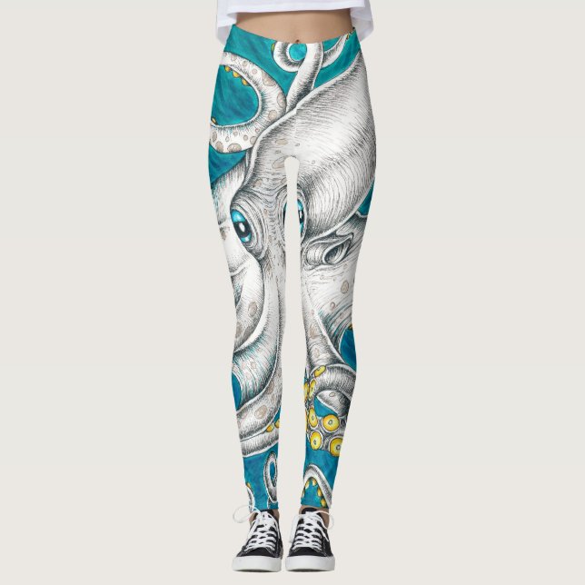 Leggings Tentacles de poulpe encre turquoise verte (Devant)