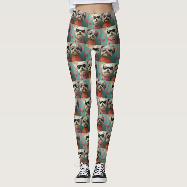Leggings Terrier Rouquin avec Roses de cœur Saint-Valentin (Devant)