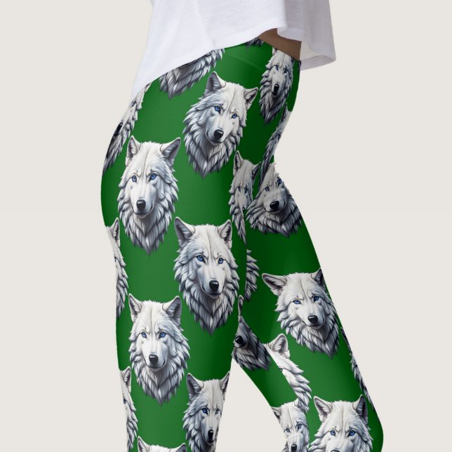 Leggings Tête de loup blanc motif design vert  (Créateur téléchargé)