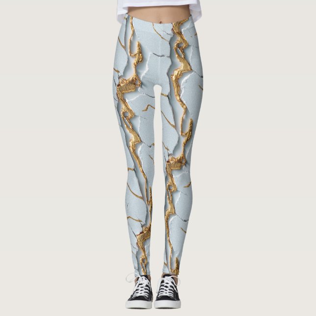 Leggings Texture de marbre blanc avec veines d'or fissurées (Devant)