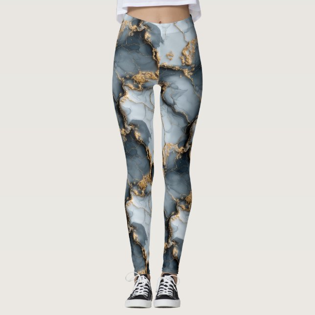 Leggings Texture de marbre bleu foncé avec veines d'or liqu (Devant)