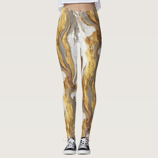 Leggings Texture de marbre gris abstrait avec or fluide (Devant)