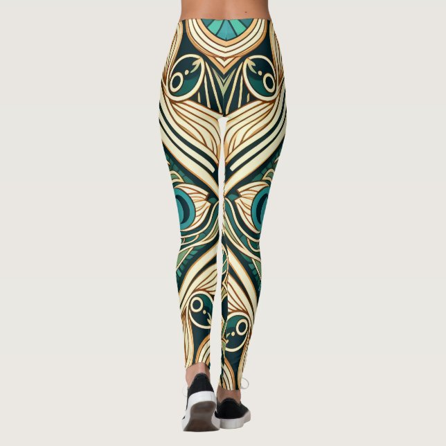 Leggings Texture des plumes abstraites or et vert paon (Dos)