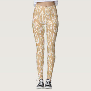 Leggings Texture en bois rustique avec Motif Feuille blanc