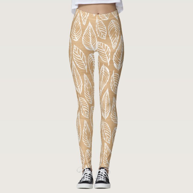 Leggings Texture en bois rustique avec Motif Feuille blanc (Devant)