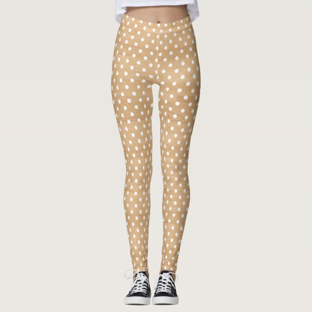 Leggings Texture en bois rustique avec Motif Pois blanc (Devant)