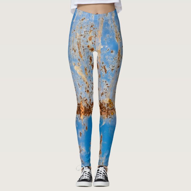 Leggings Texture métallique rouillée, décoration rayée bleu (Devant)