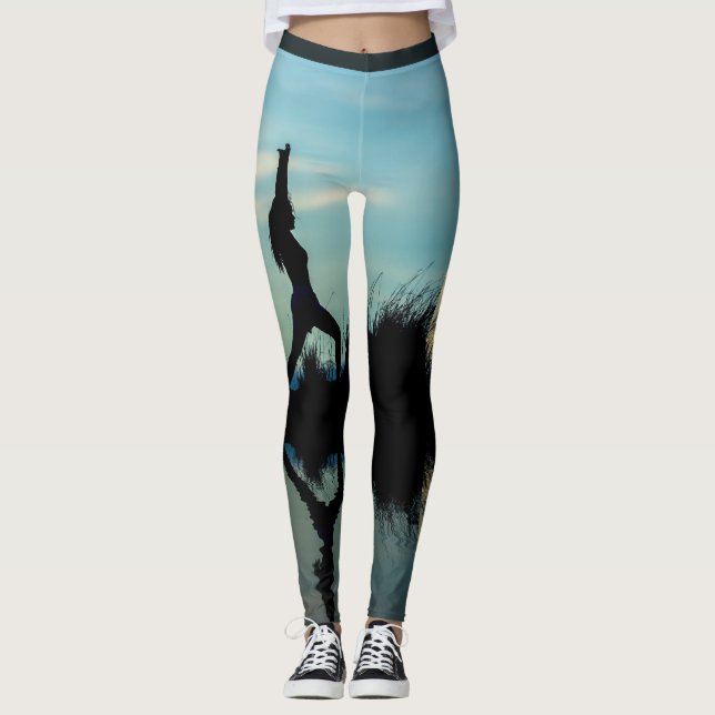 Leggings Thème Yoga Femme Silhouette Avec Réflexion Eau (Devant)