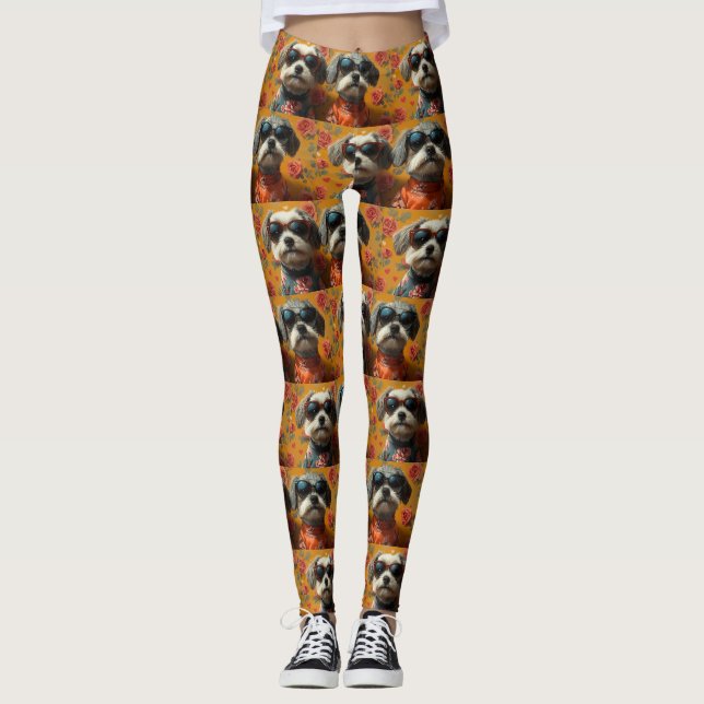 Leggings Tibétain Terrier avec Roses de cœur Saint-Valentin (Devant)