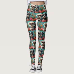 Leggings Tibetan Terrier avec Roses du cœur Saint-Valentin