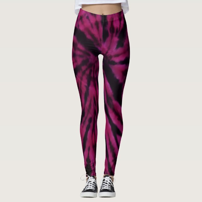Leggings Tie-Dye Purple Pink Black Hippie Retro Pattern  (Devant)