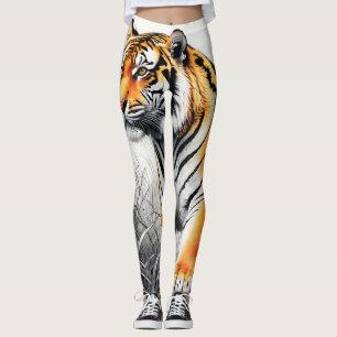 Leggings Tiger Art Color Partiel noir blanc dessin