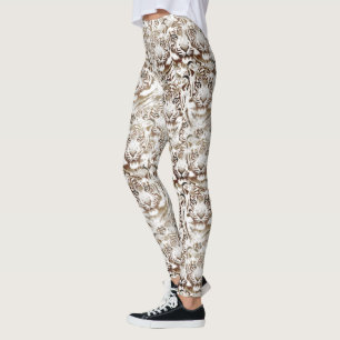Leggings Tiger Visage Design Blanc et Brown