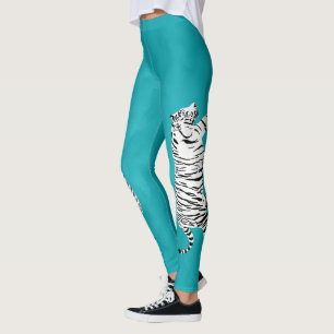 Leggings Tigre blanc et noir sur un bleu turquoise Turquois