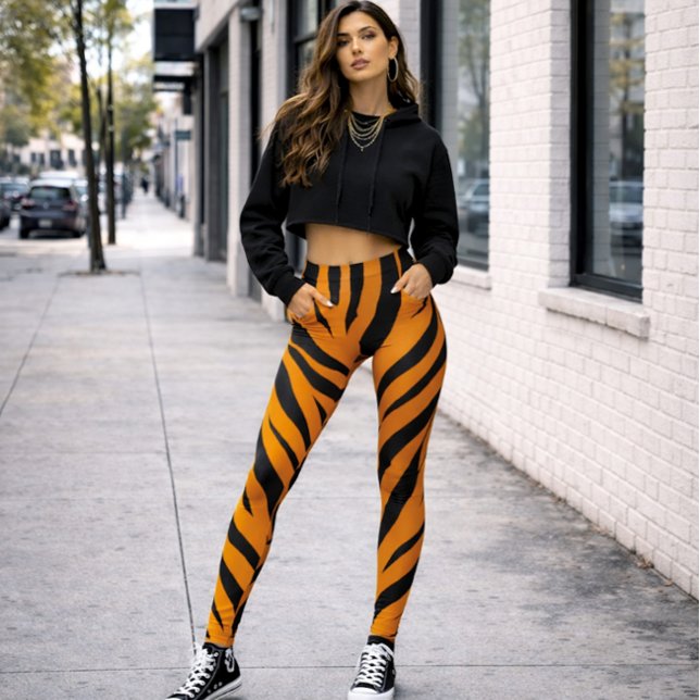 Leggings Tigre côté sauvage Imprimer Halloween noir orange (Créateur téléchargé)