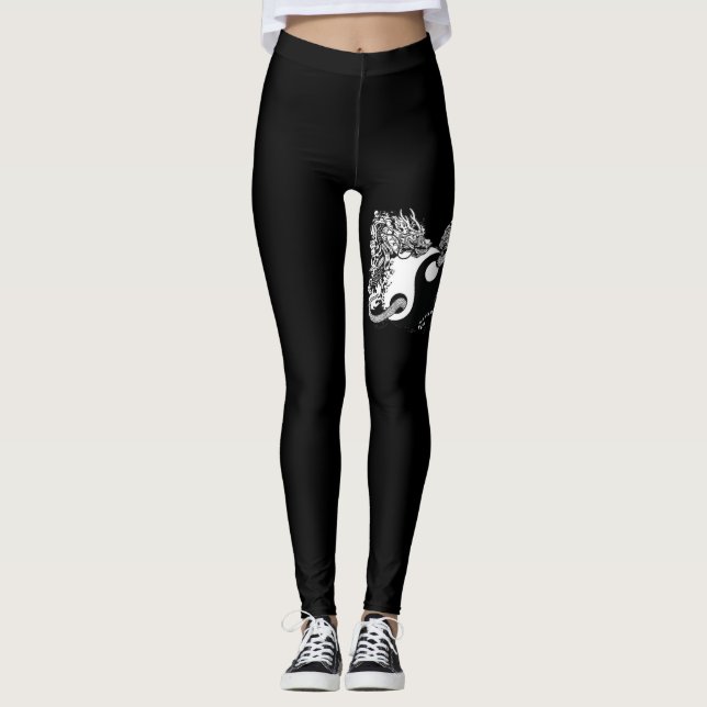 Leggings Tigre et dragon, Yin Yang, Noir moderne et blanc (Devant)