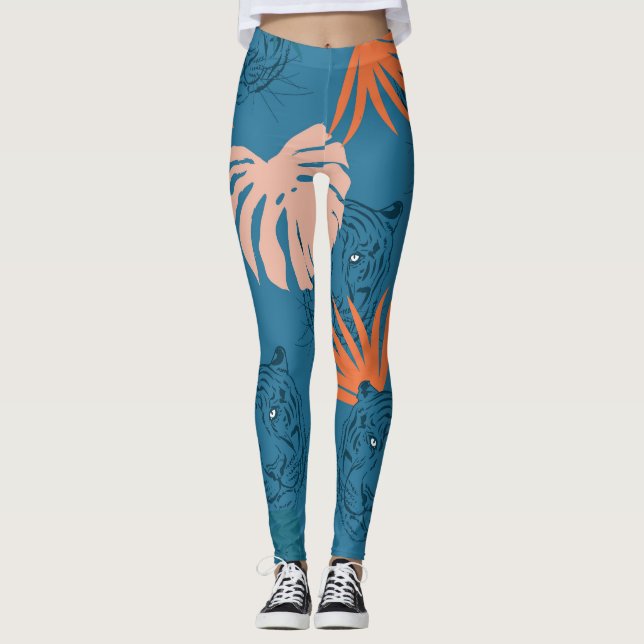 Leggings Tigres tropicaux Feuilles Bleu profond (Devant)