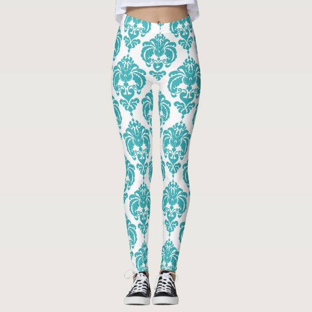 Leggings Tissu damassé sarcelle et blanc chic élégant moder (Devant)
