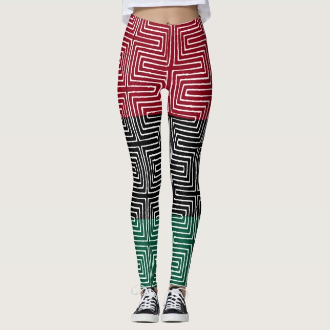 Leggings Tissu de boue africaine Maze Rouge Noir Vert (Devant)