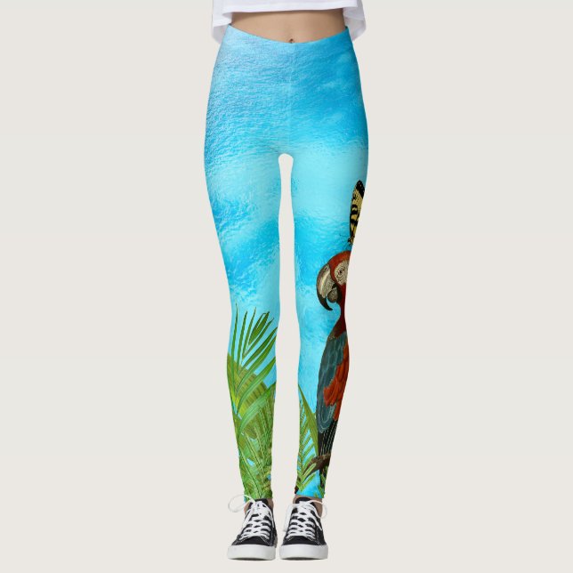 Leggings Toile de perroquet et papillon turquoise (Devant)