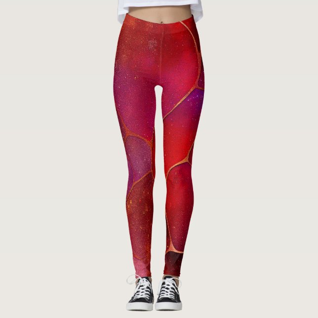 Leggings Toile d'or Abstraite sur Violet, Violet et Magenta (Devant)