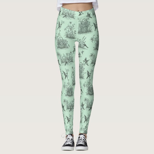 Leggings Toile pastorale vert menthe avec oiseaux et fleurs (Devant)