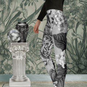 Leggings Tons gris noirs et blancs Toile floral vintage