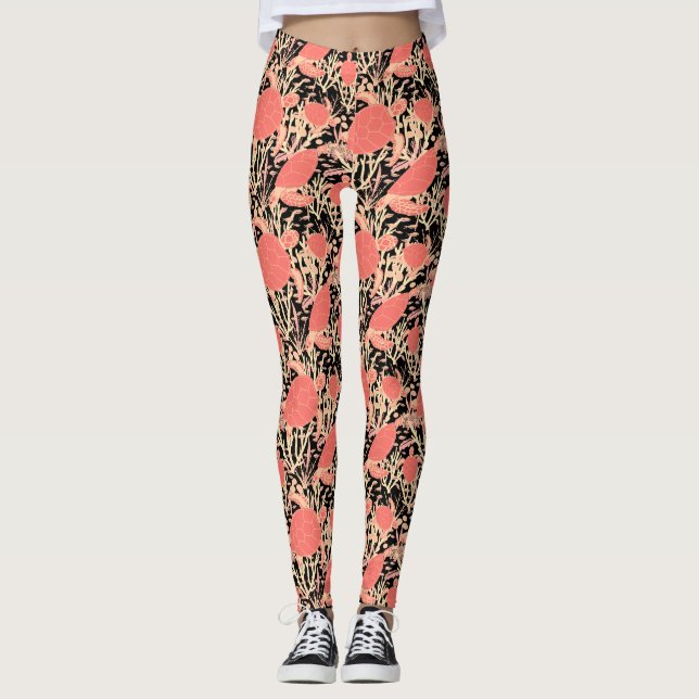 Leggings Tortues et poissons de Corail Reef sur le noir (Devant)