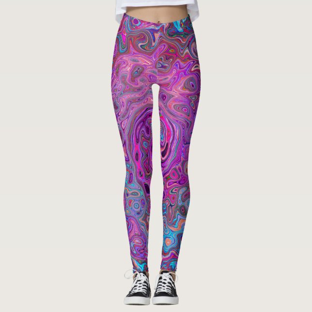 Leggings Tourbillon Rétro Abstrait Violet, Bleu et Rouge (Devant)