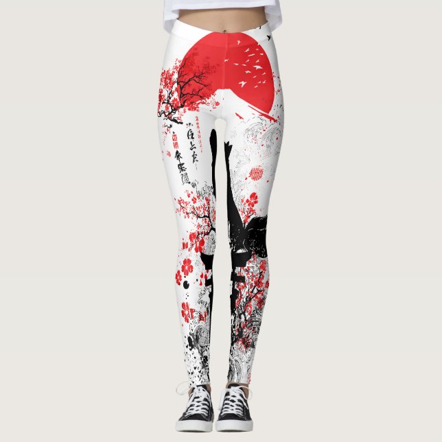 Leggings Traditional Red Black Japanese Kitsune Fox with Mo (Devant)
