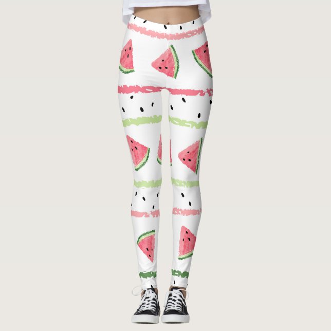 Leggings Tranches de pastèque : Aquarelle rayée sans fil (Devant)